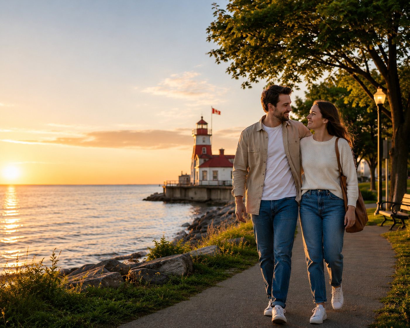 Couple walking along the Goderich waterfront at sunset, with the lighthouse and Lake Huron in the background